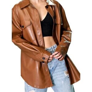 ee:some Women's Medium Brown Faux Leather Long Sleeve Collared Button Up Jacket
